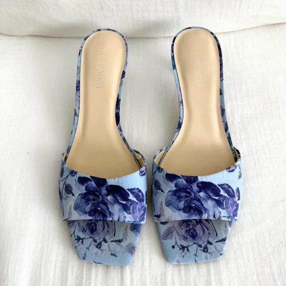 Blue Floral Print Kitten Heel Slide Sandals - Picture 2 of 8